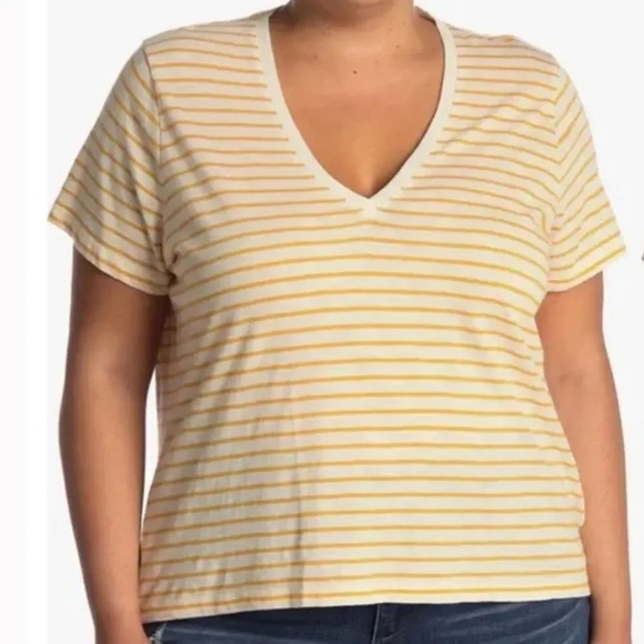 Madewell Theresa Striped Short Sleeve V Neck Top In Pollen Yellow Cotton Size 2X - Picture 1 of 13